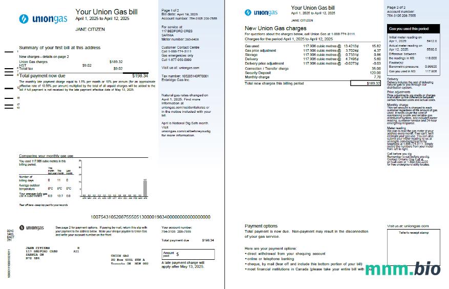 Szablon rachunku za media gazowe Canada Union w formatach Word i PDF, 2 strony, Wersja 2